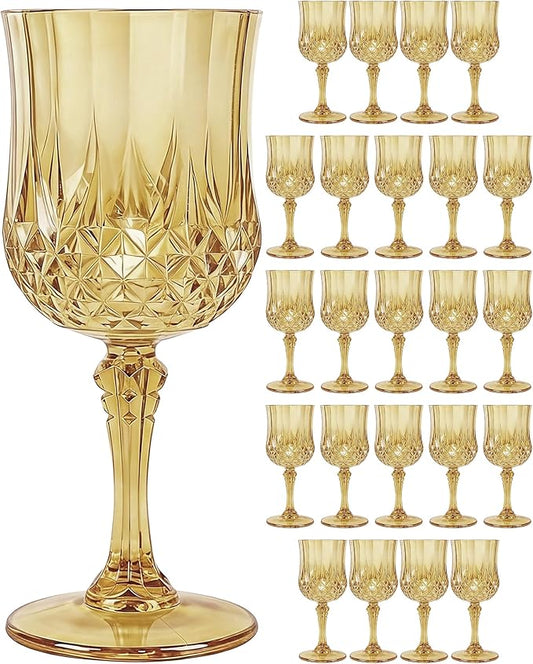 Plastic Wine Glasses Set, 7oz Vintage Goblets Shatterproof Unbreakable Reusable & Disposable, Drinking Glasses with Stem, for Wedding Outdoor Dinner Easter Party (24pcs, Gold)