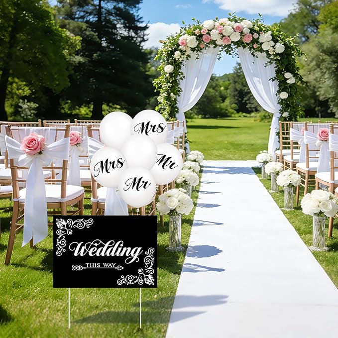 2 Pcs Wedding Reception Signs with 6 White Balloons, Set of 2 Double-Sided Directional Arrow Yard Signs with Metal Stakes, Waterproof Plastic Outdoor Decor Kit for Ceremony and Parking