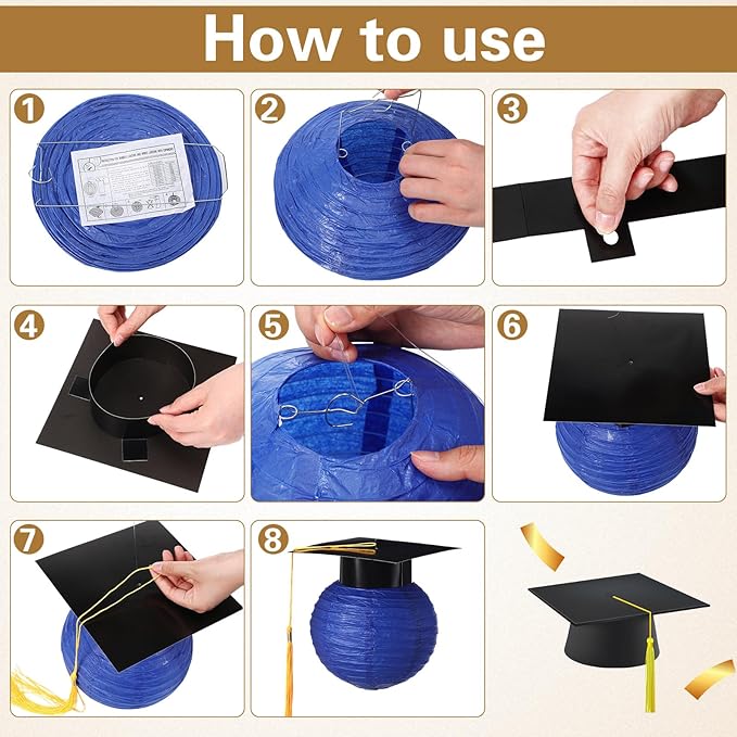 Gilprop 15 Pcs Blue and Gold Graduation Decoration 2026 Paper Lanterns Graduation Party Decorations Hanging Round Paper Lanterns with Black Grad Hat Tassel for Congratulation Grad Decorations