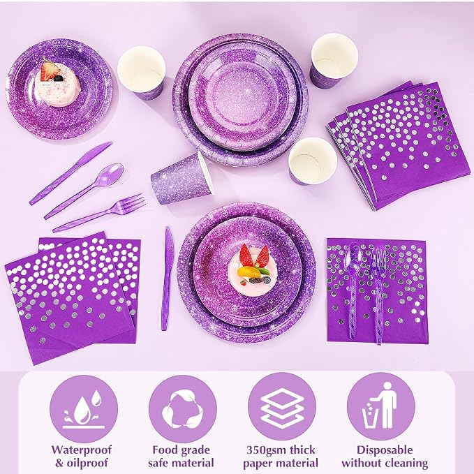 Hushee 350 Pcs 50 Guests Purple Paper Party Plates and Cups Napkins Sets Holographic Glitter Disposable Dinnerware Plastic Forks Knives Spoons Birthday Bachelorette Wedding Party Supplies