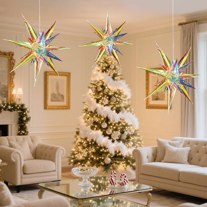 SUNBEAUTY 24 Inches Iridescent Christmas Lights Stars Lanterns Christmas Lanterns Hanging Moravian Star 3D for Wedding Birthday Christmas Home Party Decorations