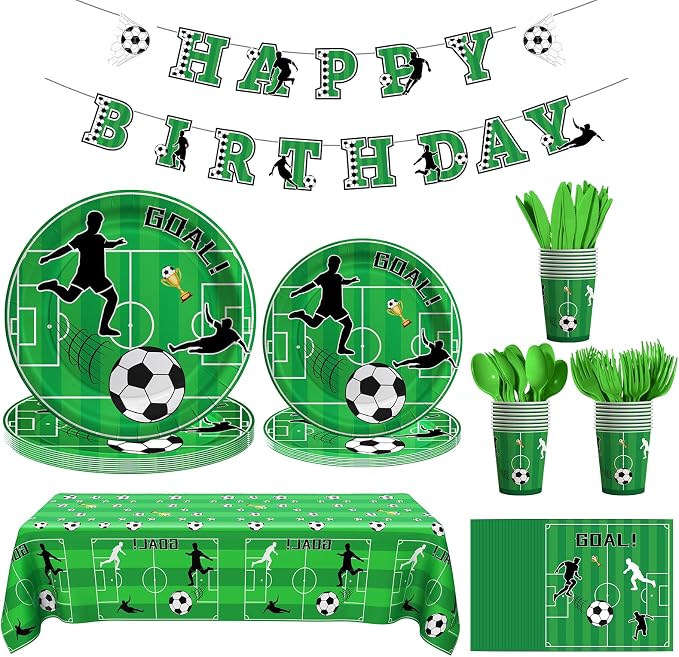 Cecnamt Soccer Birthday Decorations, 170 Pcs Soccer Party Decorations Including Banner, Plates, Cups, Napkins, Cutlery, Straws and Tablecloths, Serves 24