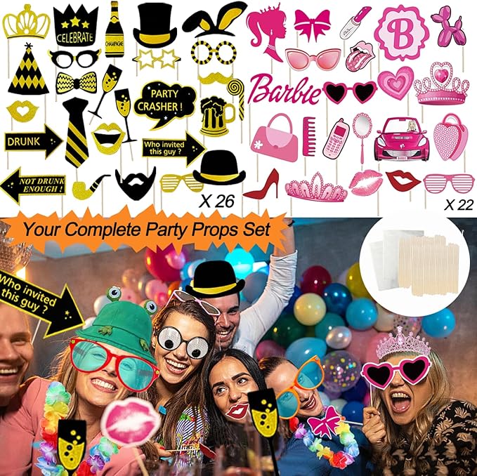 Bulk Large Premium Photo Booth Props Set for Adult Teens, Funny Hats and Large Glasses, Crystal Crown, Inflatable, Card Cutout Props, Photo Booth Prop for All Occasions
