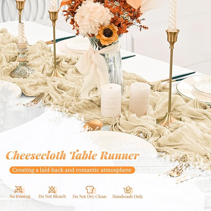 12 Pack Ivory Cheesecloth Table Runner, 10FT Cheesecloth Rustic Boho Table Runner Long Romantic Semi Sheer Table Runner for Wedding Baby Shower Birthday Bridal Party Decorations(21.5×120 Inch)