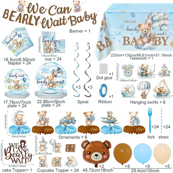 We Can Bearly Wait Baby Shower Decorations Boy, 200Pcs Teddy Bear Baby Shower Balloons Banner Plates Napkins Cake Toppers Tablecloth Honeycomb Balls for Bear Themed Party Decorations Severs 24