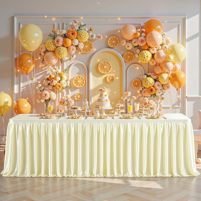 Champagne Satin Tablecloths Rectangle 8FT, Glitter Fitted Stretch Table Covers Wrinkle-Free Floor Length Shimmer Table Skirt for Weddings Parties Baby Shower Banquets Vendor Events