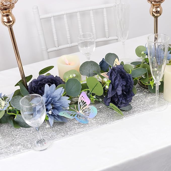 Eucalyptus Garland with Flowers - 1 Pack 5.9 FT Fake Flower Garland with Butterflies Faux Rose Greenery Garlands for Wedding Table Backdrop Arch Centerpieces Decorations - Navy Blue