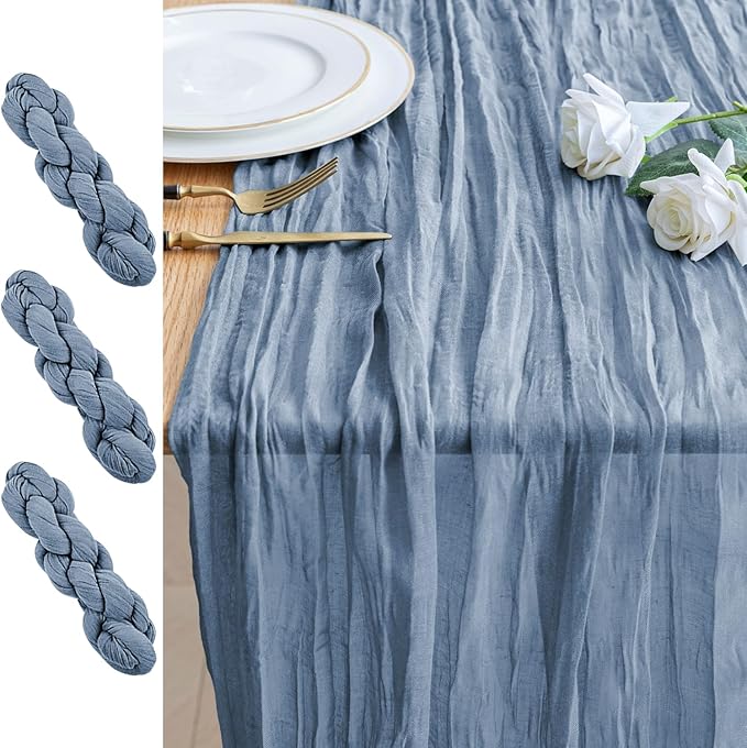 3PCS Table Runner Cheesecloth 10FT Dusty Blue Boho Gauze Cheese Cloth Rustic Sheer Table Runners for Wedding Bridal Baby Shower Party Decoration