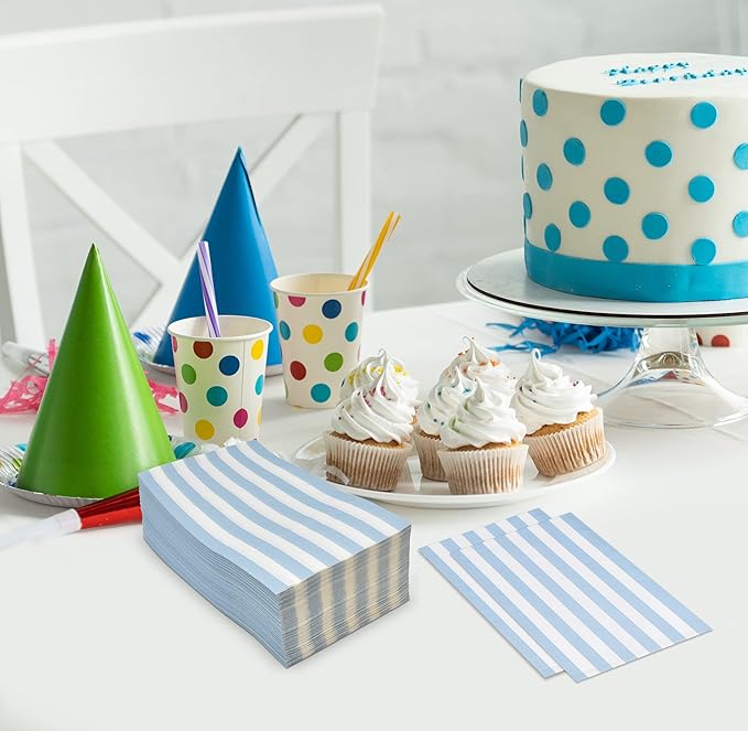 100 Light Blue Striped Guest Napkins 3 Ply Disposable Paper Hand Towels Classic Stripe Pattern Bathroom Guest Towels Table Setting Decor Set