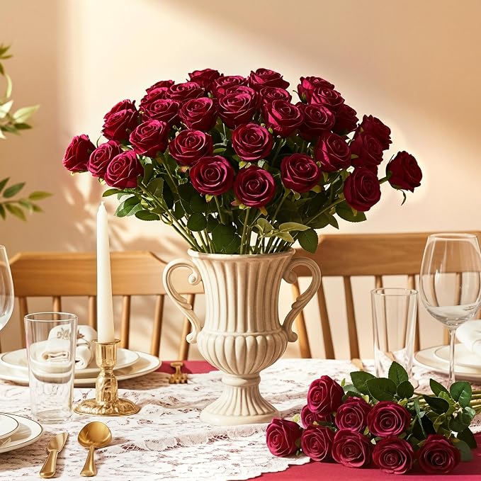 Auihiay 60PCS Burgundy Artificial Roses Bulk, Velvet Silk Fake Roses, Lifelike Burgundy Faux Rose for Father's Day, Wedding Centerpieces, Cake, Bridal Bouquets, Anniversary, Home Decorations