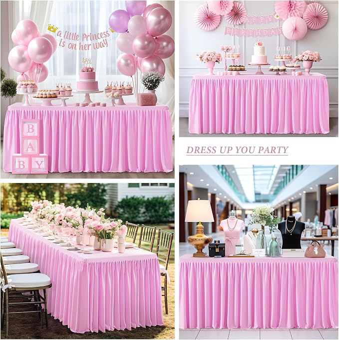 2 Packs Pink Tableclothes for 4 Foot Rectangle Tables, Wrinkle Free Fitted Table Cloth 4ft Stretch Table Cover with Skirt for Parties Weddings Birthday Banquet Baby Shower