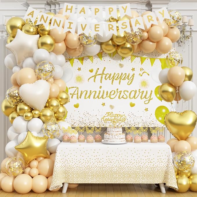 Happy Anniversary Decorations, 89pcs Wedding & Work Anniversary Party Decorations for Women Men, 50th 60th 30th 20th, Backdrop, Banner, Tablecloth, Foil & Latex Balloons, Cake Topper