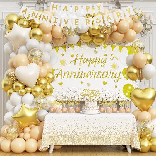 Happy Anniversary Decorations, 89pcs Wedding & Work Anniversary Party Decorations for Women Men, 50th 60th 30th 20th, Backdrop, Banner, Tablecloth, Foil & Latex Balloons, Cake Topper