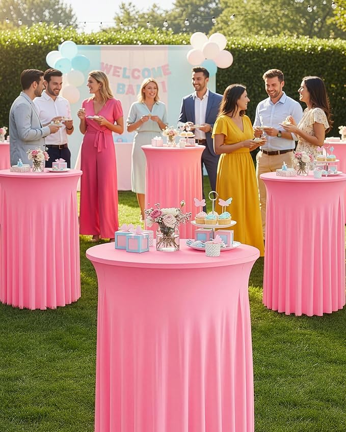 KeyWave Cocktail Table Tablecloth with Skirts - 24x43 Inch Wavy Spandex High Top Cocktail Table Covers, Ruffle Drape Highboy Tablecloth Reusable for Party Wedding Cake Standing Table, Pink, 6 Pack
