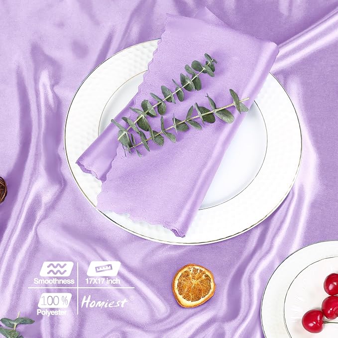 Homiest 100 Pack Light Purple Satin Napkins 17x17 Inches - Scalloped Square Silky Elegant Dinner Decor for Wedding, Restaurant, Graduation Party