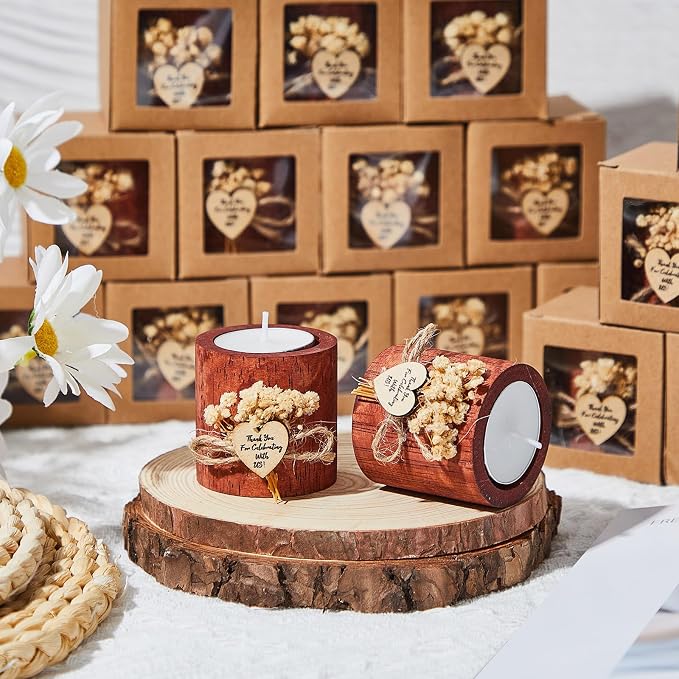 24 Pcs Rustic Wedding Party Favor Candle Holders Bridal Shower Favors Wooden Candles Favors Gifts Souvenirs for Guest Romantic Gifts Wedding Decorations (Dark Brown)