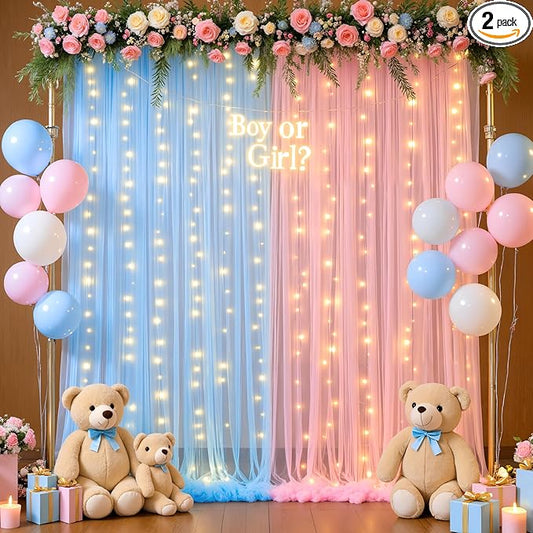 10ft x 8ft Pink Blue Tulle Photo Backdrop Curtain with Lights String for Gender Reveal Sheer Curtain Back Drop Baby Shower Backdrop for Boy or Girls Birthday Party Photo Booth Background Decorations