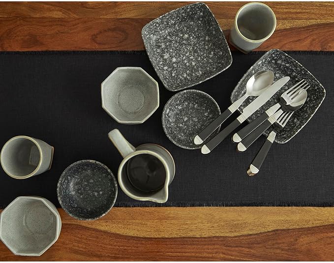 Solino Home Linen Black Table Runner 60 Inches - Fringe, 100% Pure Linen Short Table Runner 14 x 60 Inch Ideal for Dresser and Coffee Tables - Spring, Summer, Mothers Day