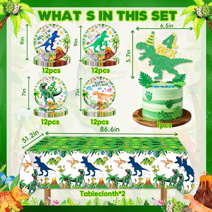 148ps Roar I’m Four Dinosaur 4th Birthday Decorations Boy Dinosaur 4th Bday Tableware Jungle T-rex 4 Rex Dino Plates Napkins Cups Banner Tablecloth Dino Party Supplies Decor Serve 24