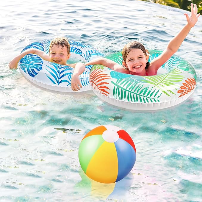 7-Pack Luau Pool Floats Floaties: Inflatable Swim Rings & Beach Balls for Summer, Tropical Luau Party Decorations, Floating Tubes Toys for Kids Adults