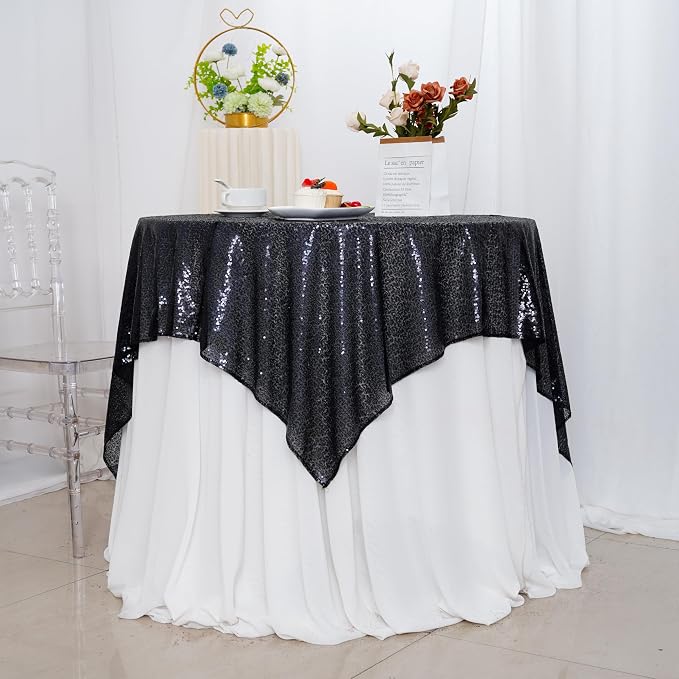 Poise3EHome Black Sequin Tablecloth 50×50 Inch Square Sparkly Fabric Table Cover Overlay for Birthday Halloween Party Holiday Baby Shower Decoration