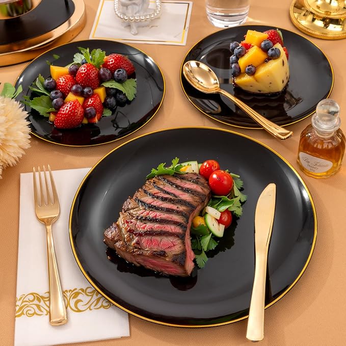 Supernal 350PCS Black and Gold Plastic Dinnerware Set (Serves 50 Guests) - Elegant Black Plates with Gold Rimmed Edges, Disposable Gold Silverware, Cups, Napkins for Party, Wedding,Celebration