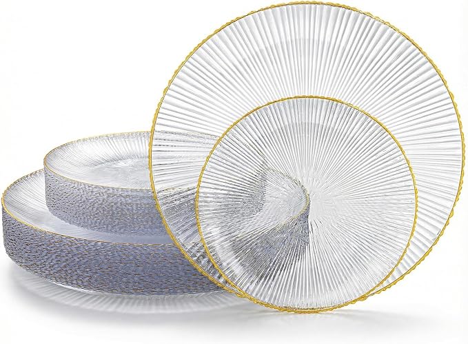 DaYammi 60Pcs Clear Plastic Plates with Gold Rimmed - Gold Disposable Plates Set Including 30pcs Dinner Plates,30pcs Dessert Plates with Radial Texture for Party & Wedding Dinner