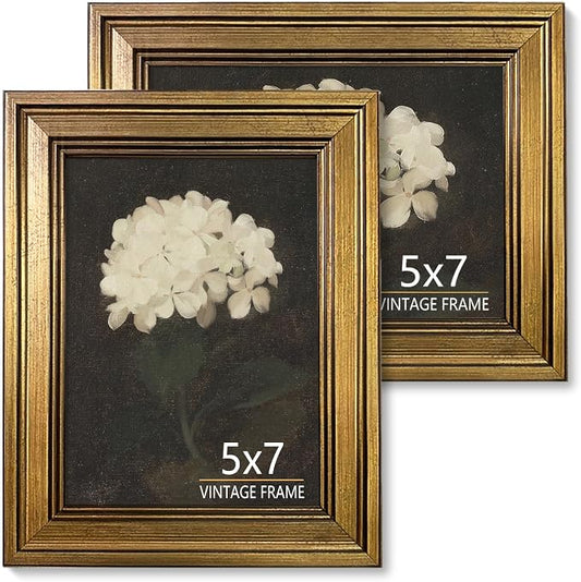 5x7 Picture Frame Set of 2 – Vintage Gold Picture Frames for Tabletop & Wall Mount, 5 x 7 Photo Frame for Living Room, Bedroom, Office Décor & Gift Wedding Anniversary Housewarming