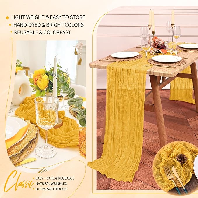 30 Pack Cheesecloth Table Runner 10FT Gold Table Runner Boho Gauze Cheese Cloth Table Runners Long Rustic Sheer Table Decorations for Wedding Party Baby Bridal Shower Birthday Holiday Home