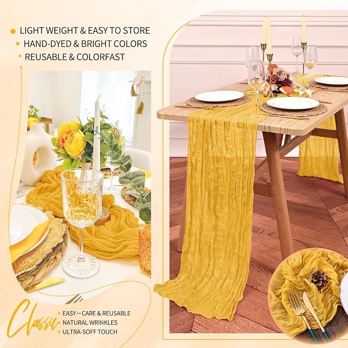 2 Pack Cheesecloth Table Runner 10FT Gold Table Runner Boho Gauze Cheese Cloth Table Runners Long Rustic Sheer Table Decorations for Wedding Party Baby Bridal Shower Birthday Holiday Home