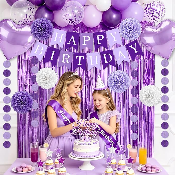 Purple Birthday Decorations, 50PCS Happy Birthday Decorations for Women Include Banner Balloons Sash Foil Fringe Curtain Paper Pompoms, Purple Party Decorations for Girls Women
