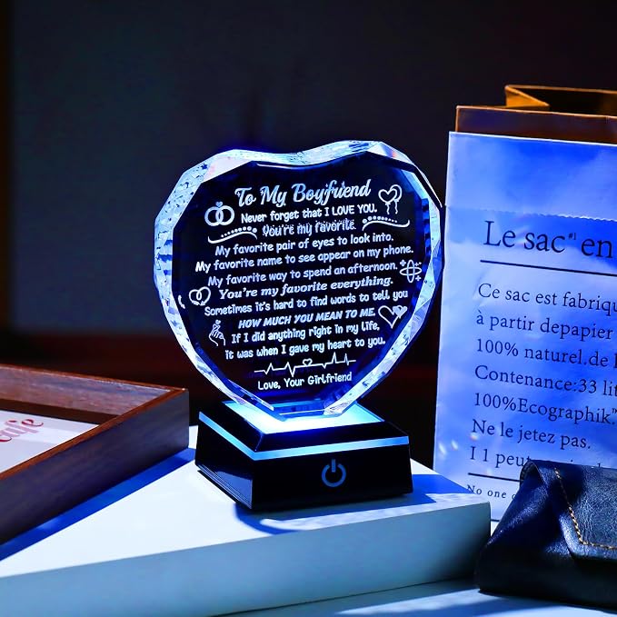 Arikyrist Gifts for Boyfriend Fathers Day Crystal Heart Boyfriend Keepsake with LED Light Base Romantic Anniversary Birthday Gifts for Him Boyfriend Bf from Girlfriend