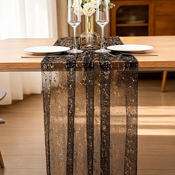 BINBE 6PCS Black Table Runner 10Ft Sheer Chiffon Fabric Cheesecloth Sequin Glitter Table Runner for Wedding Birthday Party Decor