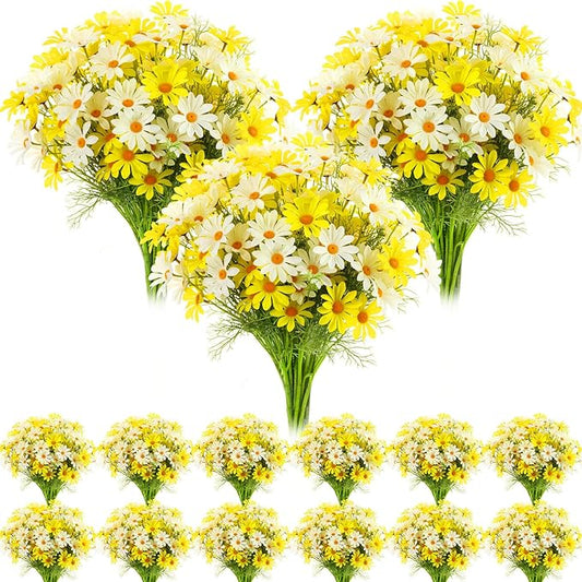 Giegxin 100 Pcs Artificial Daisy Flowers Bulk Realistic Fake Daisies Faux Wildflower Daisy UV Resistant Silk Fake Flowers Plants for Outside Wedding Garden Home Table Decor (White,Yellow)
