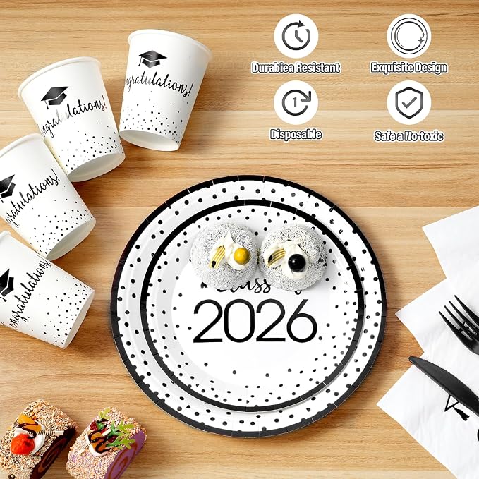 175pcs Class of 2026 Graduation Plates and Napkins Set, Disposable Paper Plate Set Polka Dots Napkin Cups Knife Fork Spoon for Graduation Party Decorations and Supplies,Serve 25 (White Black)