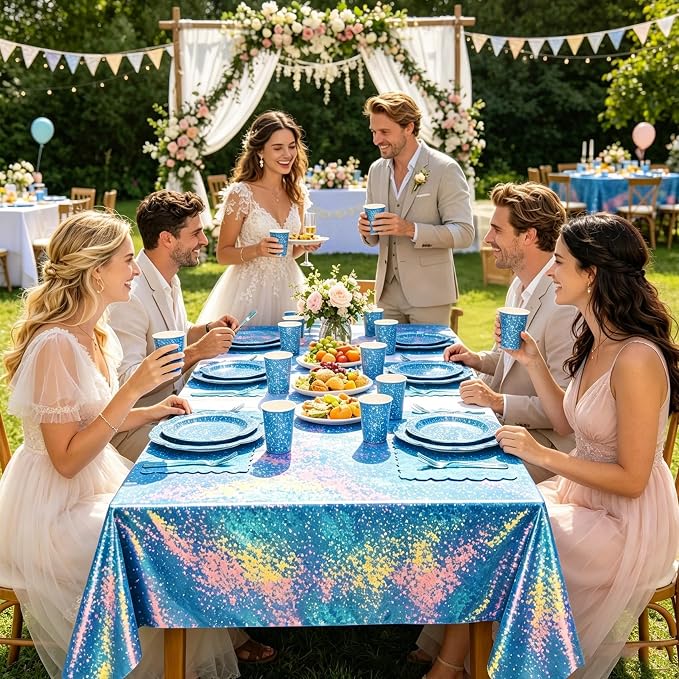Blue Iridescent Plates and Napkins Set, Disposable Light Blue Holographic Plates Cups Napkins Forks Tablecloth Party Supplies for Birthday Baby Shower Bridal Shower Party Decorations, Serves 24 Guests