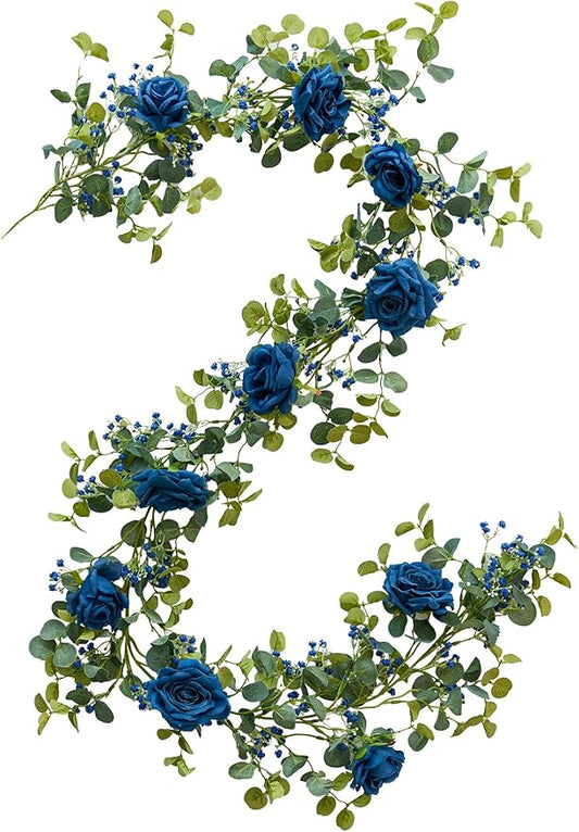 Anna's Whimsy 5.91FT Artificial Eucalyptus Garland with Flowers, Fake Rose Gypsophila Garland, Faux Floral Garlands for Wedding Spring Home Party Craft Art Table Runner Decor (Blue, 1)