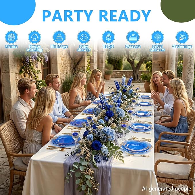 102PCS Blue Plastic Plates - Royal Gold Disposable Plates - Clear Blue Party Plate - Heavyweight Disposable Plate with Gold Rim - Fancy Dinner & Dessert Plates for 51 Guests Party Wedding