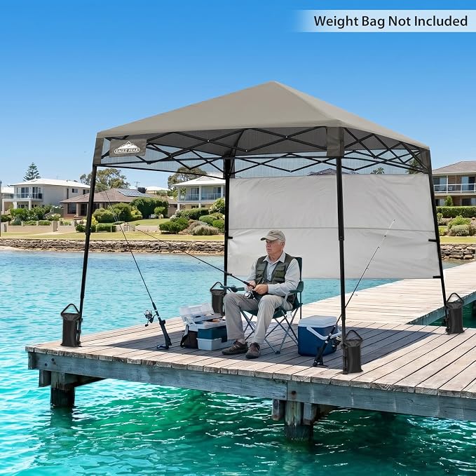 EAGLE PEAK 8x8 Pop Up Canopy Tent with Sidewall, Compact, Portable Slant Leg Instant Sun Shelter for Beach, Sports, & Camping, 8x8 Base 6x6 Top, Light Brown