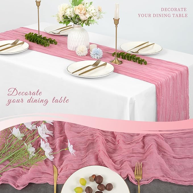 20 Pack Cheesecloth Table Runner 17 x 108 inch Long Boho Gauze Table Runners Semi Sheer Table Runner for Wedding Decor, Baby Shower, Birthday Party, Banquet (Dusty Rose)