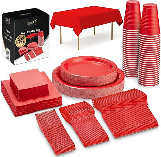 Red Party Supplies Set Paper Plates Plastic Cups Forks Knives Spoons Napkins Tablecloth Serves 20 Guests Disposable Dinnerware Set of 222 Pieces, Complete Tableware for Party - By SparkSettings