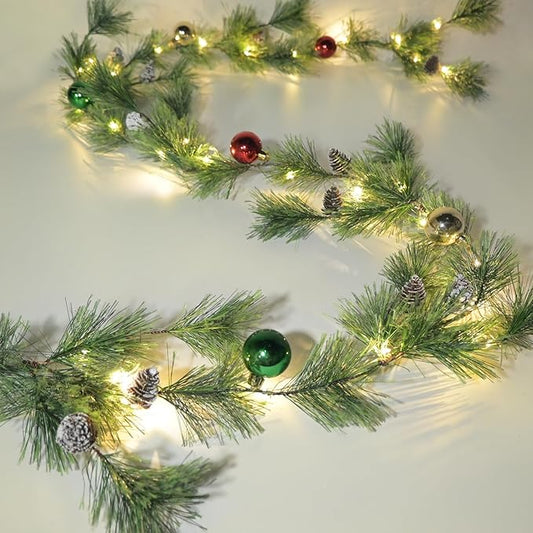 Christmas Garland Lights with Christmas Balls 6.56FT 30 LED Fairy Lights Battery Operated Smokey Pine Garlands with Pine Cones Greenery Garland Wreath for Xmas Tree Holiday Home Mantle Door Decoration