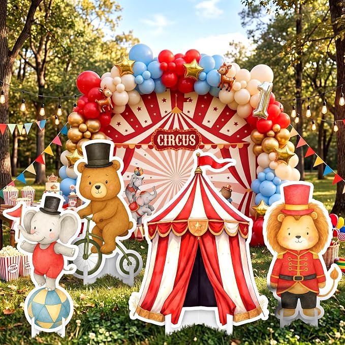 Honoson 4 Pcs Large 30" Circus Animal Cardboard Cutouts, Carnival Theme Party Yard Signs Decoration Backdrop for Circus Theme Party Supplies Birthday Baby Shower Lawn Decor