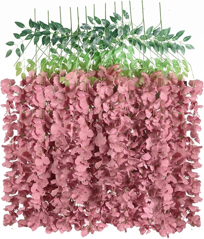 12PCS Artificial Wisteria Hanging Flowers 3.6ft Dusty Pink Fake Hanging Flowers Garland Silk Flowers Rattan String Faux Wisteria Vine for Garden Home Wedding Arch Decoration (Dusty Pink)
