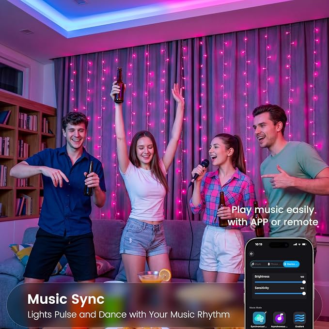 HEYFUNi Smart RGB-IC Curtain Lights Plug in App Control, 8.2x6.6ft 280 LED | Waterfall Lights with Music Sync, Warm White & Color Changing Curtain Lights with 2.4G Remote, DIY Modes for Bedroom Party