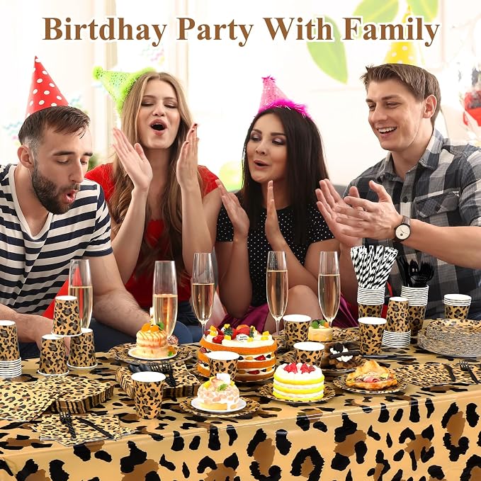 Funnymoom 452 Pcs Leopard Print Party Decoration Cheetah Print Paper Plates Napkins Cups Tablecloth Cutlery Straws Tableware for Jungle Safari Animal Theme Birthday Baby Shower Party Supplies Serve 50