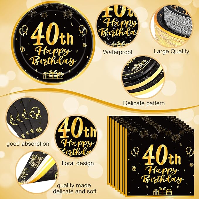 Funnymoom 452 Pcs 40th Birthday Party Decorations Set for Men Women, Black and Gold Happy 40th Birthday Paper Plates Napkins Cups Tablecloth Cutlery Straws for Cheers to 40 Years Anniversary Party