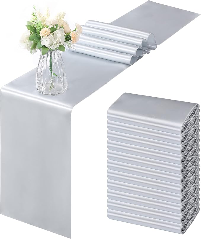 Horbaunal 12 Pack Silver Satin Table Runner 12 x 108 Inch, Smooth Table Runners for Wedding Banquets Birthday Party