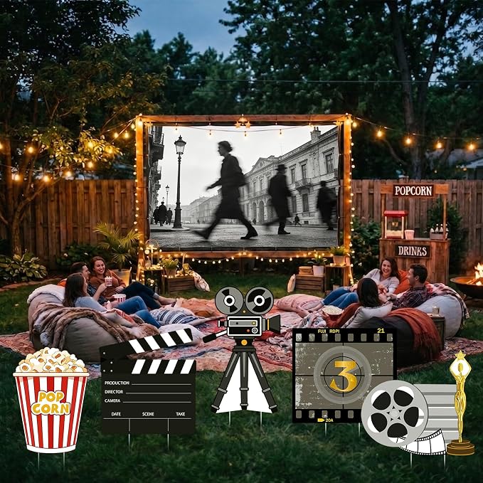 5 Pcs Large Movie Night Party Decorations, Classic Movie Cardboard Cutouts Standup, Popcorn Film Camera Clapperboard Lawn Yard Sign for Theater Theme Indoor Outdoor Birthday Photo Prop