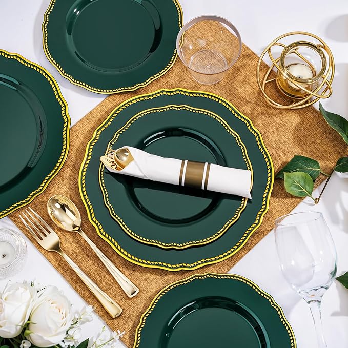 Hioasis 175pcs Green Gold Plastic Plates - Gold Plastic Dinnerware Set Includes 25 Dinner Plates, 25 Dessert Plates, 25 Gold Utensils, 25 Napkins Perfect for Wedding
